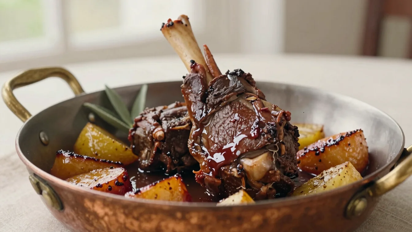 Close detail of braised veal shank on glazed root vegetables in a