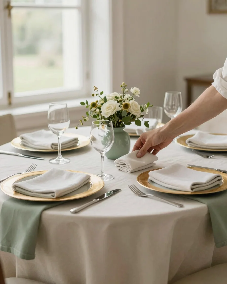 Portrait-oriented view of a dressed reception table with cream li