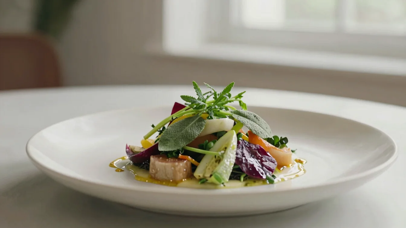Editorial food photography, close detail of a plated French starter with fresh herbs and seasonal vegetables, soft natur