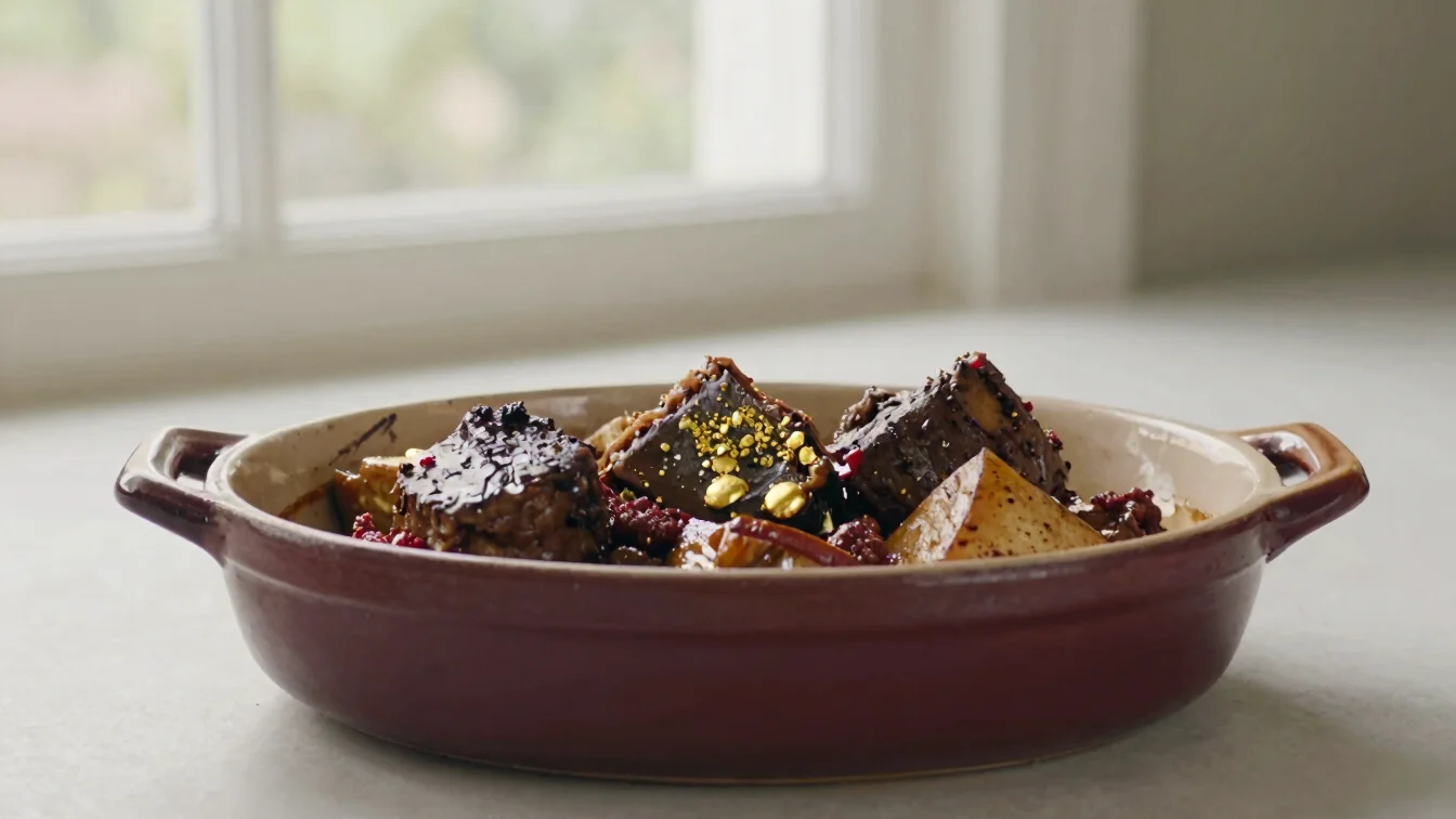 Editorial food photography, a slow-braised French main course served in a rustic earthenware dish, soft natural window l