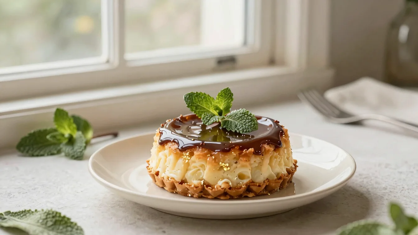 Editorial food photography, a classic French dessert on a cream plate with a sprig of mint, soft natural window light, s