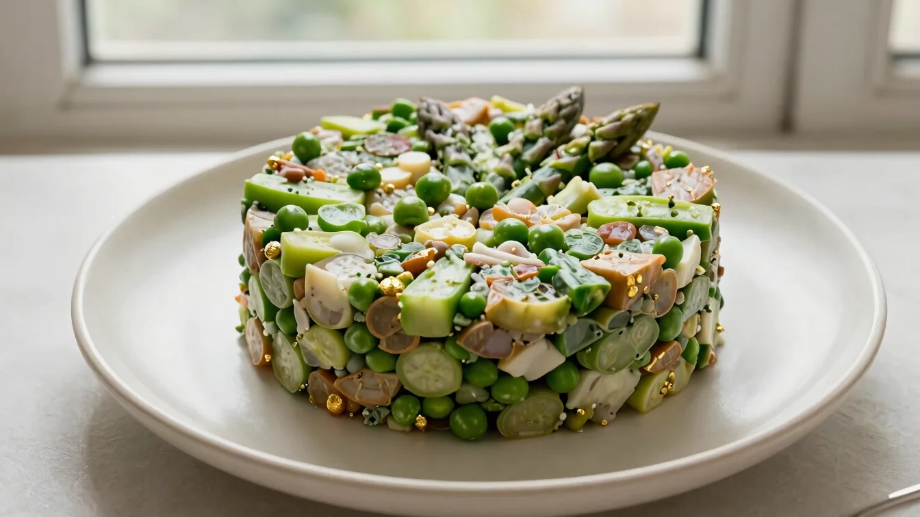 Close overhead detail of a sliced spring vegetable terrine on a c